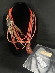 Original Necklace By Artist Dawn Wain With Feathers, African Bone Beads, Agate, Fossil And Ancient Bell