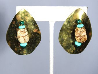 Wrought Brass And Wood Scarab Beaded 1980s Pierced Earrings