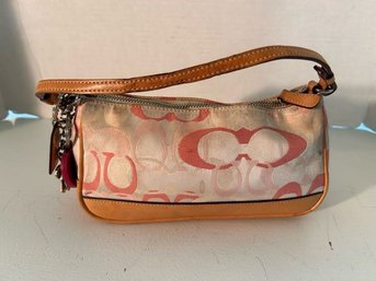 Small Pink Coach Designer Clutch Purse With Tan Leather Trim