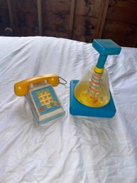 Vintage Fisher Price Pop Up Pal Chime Phone And Spinner Baby Ball Popper