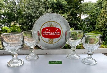 Four Large 32 Oz. Vintage Clear Schooner Goblet Beer Glasses And 12' Schaefer Tray