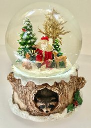 Santa Christmas Scene Snow Globe With Peeking Racoon On Base Plays Winter Wonderland Tested & Working