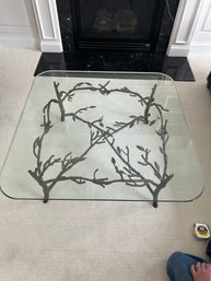 Glass Square Coffee Table With Metal Brutalist Base