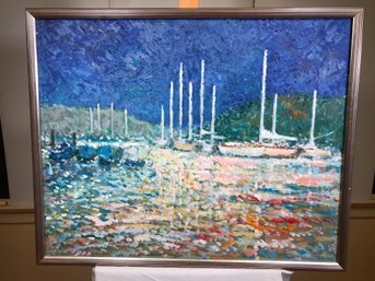 Original James Pascucci Oil On Canvas Painting - Blue Sky / Boats - SKU: 882-922 - Nice Large Size