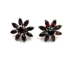 Vintage Sterling Silver Deep Red Stone Flower Earrings