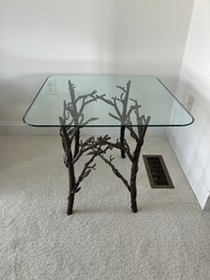 Glass Top Side Table With Metal Brutalist Base