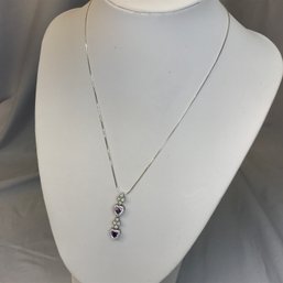 Gorgeous Brand New Sterling Silver / 925 Necklace / Double Heart Drop Pendant With Amethyst And White Topaz