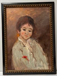 Vintage Mid Century Oil On Canvas Painting - Dark Haired Child Flower - Signed Monteagudo 18 - 22.5 X 30.75