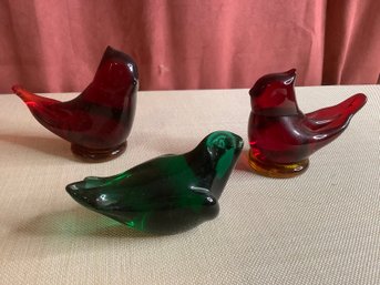 Glass Birds Lot Of 3- Red And Green