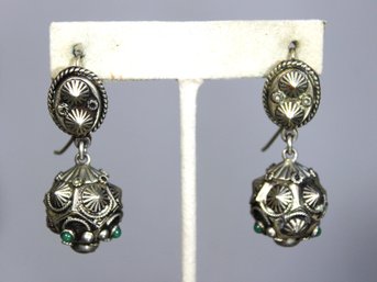 Antique Ethnographic Pierced Silver Earrings Having Green Stones