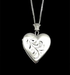 Vintage Sterling Silver Etched Heart Locket On Italian Sterling Silver Chain