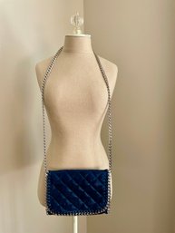 Blue Metallic Quilted Handbag With Crome Chain Whip Stitch Details & Chrome Chain Strap