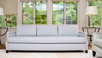 Nathan Anthony Custom Upholstered Powder Blue Tailored 3-Cushion Sofa With Bench Cushion $8005