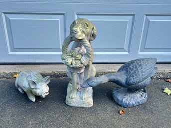 Lot Of Garden Statues Including Cement Goose And Composite Dog And Pig