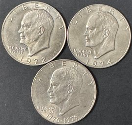 3 Eisenhower Dollars 1972, 1974, 1976