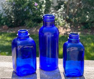 3 VTG Blue Cobalt Bottles Smaller Bottles Embossed With '2', Larger Bottle Salvitae American Apothecary N.Y.