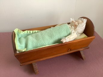 Vintage Baby Doll In Doll Cradle