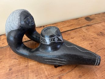 Carved Stone Effigy Pipe, Signed