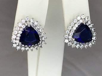 Beautiful And Elegant 925 / Sterling Silver Earrings With Sapphire And White Topaz - Very Pretty Pair !