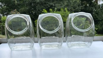 Three Large Vintage Clear Glass, Slant Bottom Penny Candy Canister/ Cookie Jar