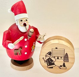 2 Made In Germany Christmas Folk Art Pieces - 6' Santa 3' Round Box ( READ Description)