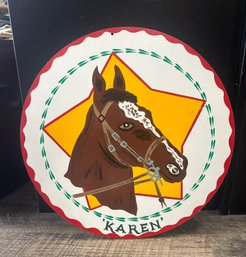 Print Of A Karen Brown Horse Head With In A Star On A Wooden Wall Hanging Round Shape. KSS/WA-B