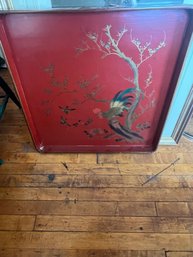 Beautiful Antique Tole Metal Enamel Tray With Rooster Chinoiserie Motif