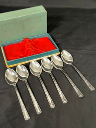 6 Piece Miniature Russian Silver Plated Spoon Set Marked MHU 15-20, Delicate Accents On Handles