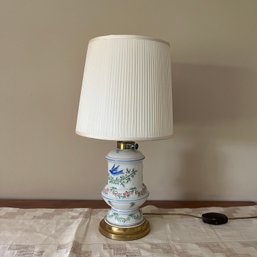 A Vintage Hand Painted Glass Lamp On A Brass Base