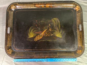 Beautiful Large Tole Tray Hand Painted Peacock Motif 29.75x22'