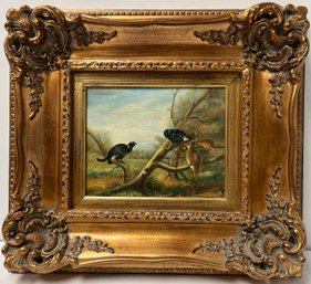 Oil On Board Painting - Quail Birds 7.5 X 9.25 - Ornately Framed 17.75 X 19.75 - Signed