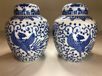 Lovely Pair Of Small Asian Style - Blue And White Porcelain Lidded Ginger Jars - With Birds - Very Nice Pair