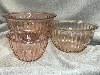 Rare Vintage Set Of 3 Unused JEANNETTE Jenny Ware Pink Depression Glass Nesting Mixing Bowls - Rare Find !