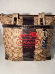 Substantial Coach Designer Tote Bag With Canvas Straps And Plaid Fabric Lining