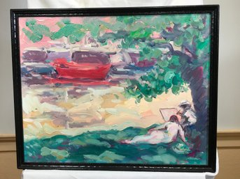 Original James Pascucci Painting - Couple Under Tree / Boat - SKU: 92-1-1112 - Very Nice Piece