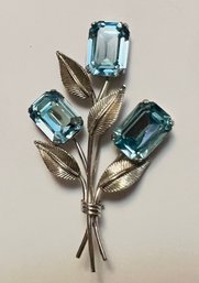 VINTAGE SIGNED STERLING SILVER BLUE RHINESTONE BROOCH