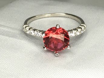 Lovely 925 / Sterling Silver Ring With Garnet And Channel Set White Sapphires - Very Elegant Look - Brand New