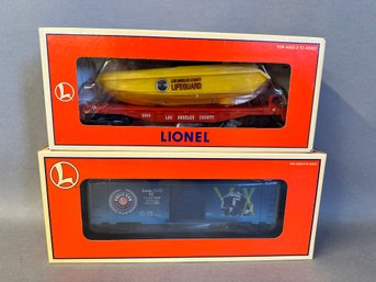 NIB Lionel Trains: LA County Flat Car With LA County Lifeguard Boat & NYC Commemorative Box Car, 6-16970 & 6-2