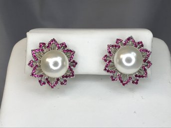 Beautiful 925 / Sterling Silver Earrings With Large Shell Pearls And Very Pretty Pink Sapphire Earrings