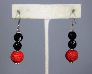 Carved Chinese Cinnabar Black Jew Pierced Earrings