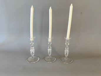 Set Of 3 Glass Candle Sticks Purchased At Tiffany Over 50 Years Ago