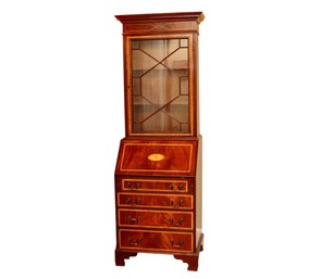 Vintage  Narrow Secretary Desk With Marquetry & Bookcase