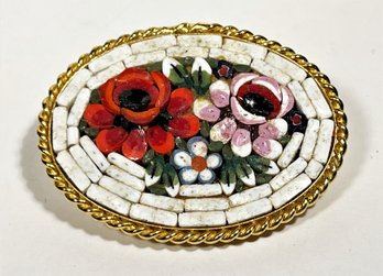 Vintage White Micro Mosaic Italian Brooch Having Roses