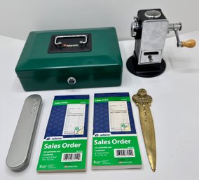Sentry Lock Box, Harlequin Letter Opener, Vintage Pencil Sharpener, Sales Order Pads & Other Office Supplies