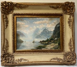 Oil On Board - European Water Sail Boat Cottages - Ornately Framed - 22 X 26 - Art - 11.25 X 15.5 - Signed