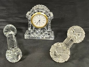 Waterford Crystal Miniature Clock & 2 Crystal Knife Rests