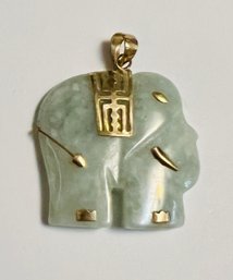 VINTAGE SIGNED 10K GOLD AND JADE ELEPHANT PENDANT