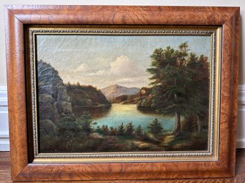 Vintage Original Oil Painting In Burl Wood Frame