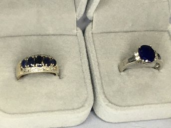 Two Very Pretty Preowned Sterling Silver / 925 Rings With Sapphires And White Zircons - Need Polishing