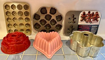 6 Gingerbread & Flower Cakelet Pans & 3 Bundt Pans, Some New, Some By Nordic Ware